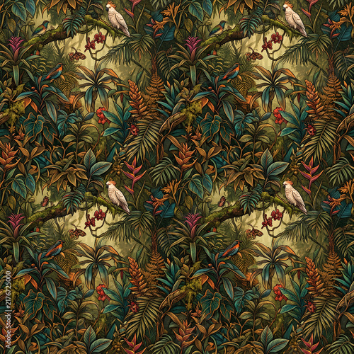 Tropical Jungle Pattern with Lush Foliage and Bright Flowers for Design.