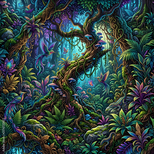 Vibrant Jungle Scene with Twisting Tree and Lush Foliage.