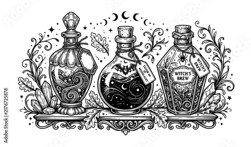 фотографія Set of Three Mystical Potion Bottles with Botanical Ornaments, Black and White F
