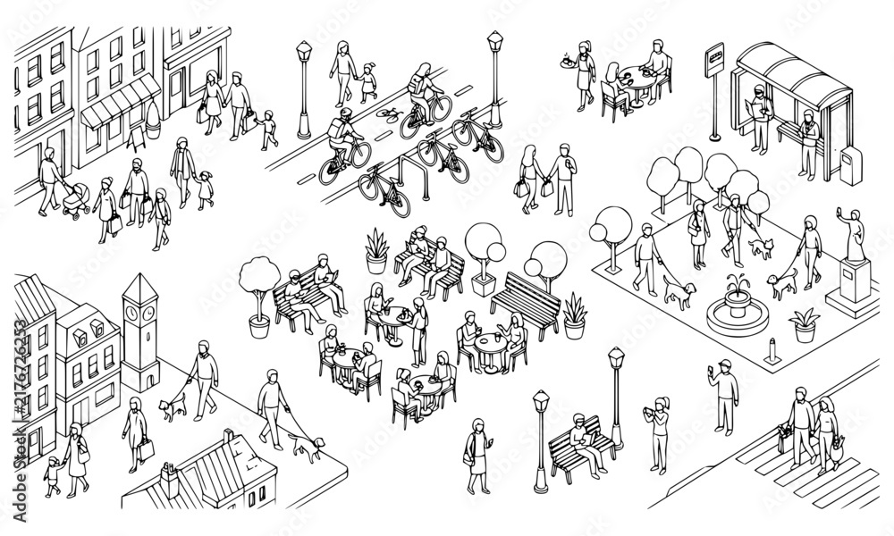 Fototapeta premium Monochrome Isometric City Life People Walking Cycling Relaxing Vector Collection