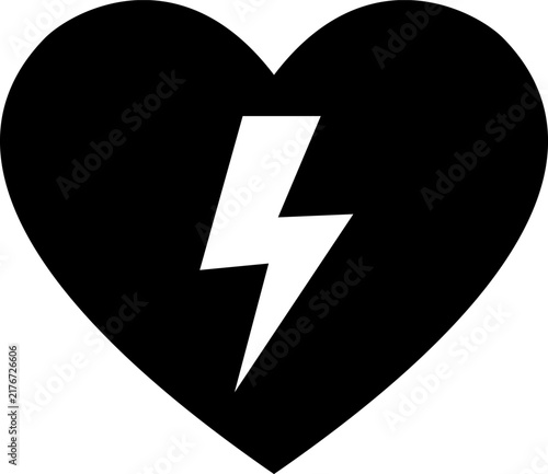 Automated external defibrillator AED sign silhouette icon featuring heart shape with lightning bolt symbol for medical emergency CPR response.
