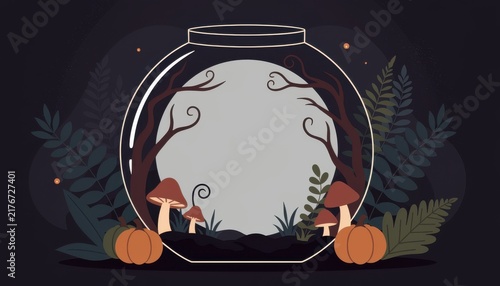 Enchanting glass terrarium featuring unique fungi plants set against mysterious dark atmosphere