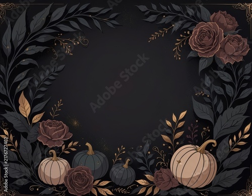 Chic autumn floral pumpkin border dark backdrop seasonal decorations invitations