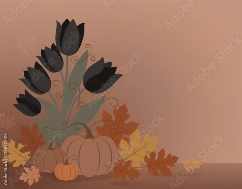 Vibrant autumn floral display featuring pumpkins colorful leaves against cozy warm background