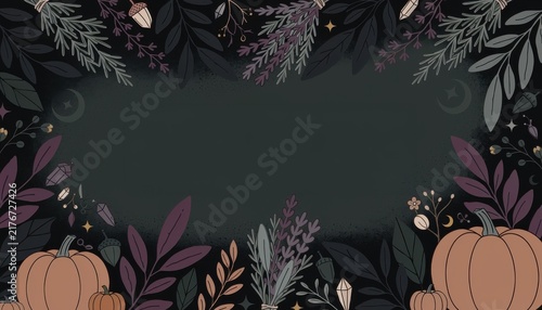 Seasonal autumn floral border featuring pumpkins set against dark background celebrations festive decor