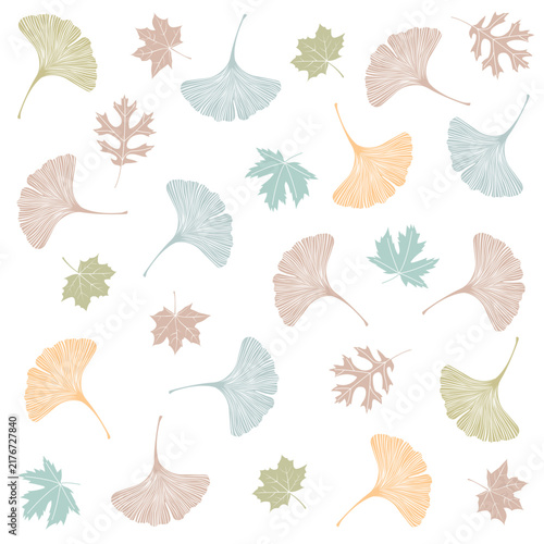 Ginkgo Pattern_5. This is a plant vector pattern illustration design with an autumn atmosphere, featuring pastel-toned ginkgo leaves, oak leaves, and others arranged softly on a white background.