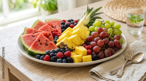 Fresh Fruit Platter with Watermelon Pineapple and Grapes on a Wooden Table
