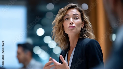 Professional Businesswoman Leading a Meeting and Gesturing in a Modern Office.