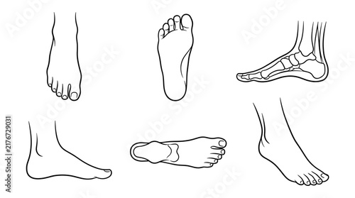 Set of human feet in various angles and positions, simple black outline illustration, anatomical reference, medical diagrams, health care imagery