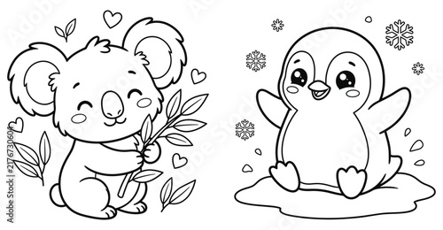 A cute cartoon coloring page for children featuring adorable koala bear and joyful penguin characters.