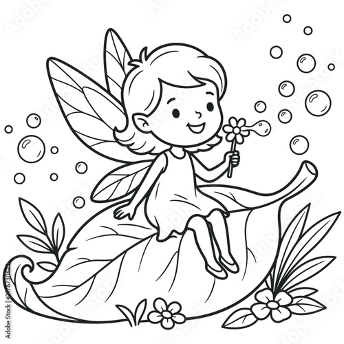 A little fairy sitting on a large leaf blowing bubbles for kids' creative coloring book activity page.