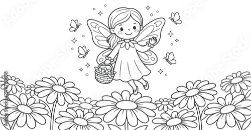 A happy fairy is flying over a daisy flower field, carrying a woven basket for a cute coloring book page art.