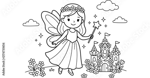 A fairy holding a magic wand standing near an enchanted castle for a children's coloring book activity.