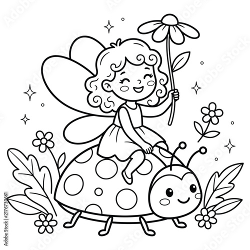 Coloring page with cute fairy riding ladybug in garden for children's line art activity vector.
