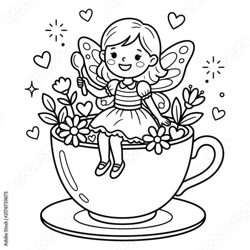 Little fairy girl sitting inside a teacup with flowers coloring page for children's illustration.