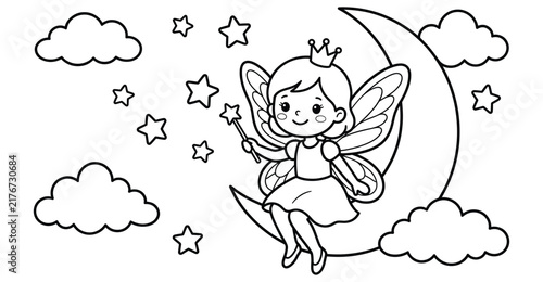 Magic fairy princess sitting on a crescent moon in the night sky coloring page for kids' vector art.