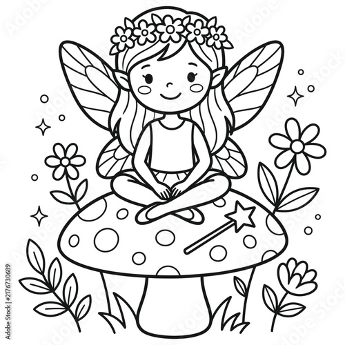 Cute fairy sitting on a mushroom in a forest with flowers: coloring page for kids, line art vector.