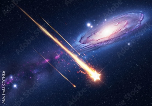 A bright golden comet streaks across the dark expanse of deep space passing by a massive glowing spiral galaxy filled with distant bright stars