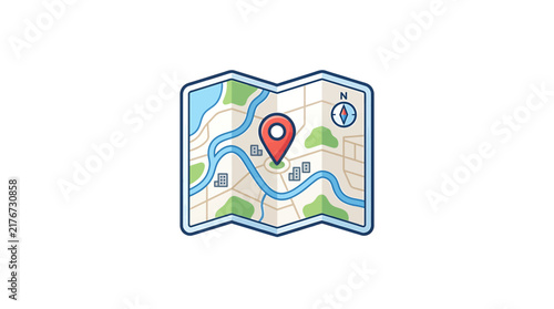 A stylized vector icon of a folded paper map with a red location pin marker.