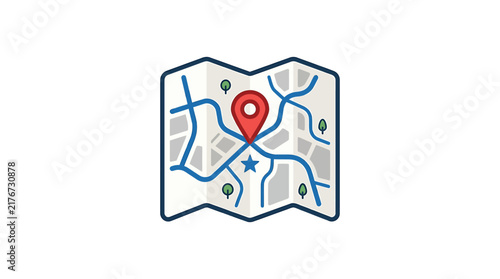 A flat vector icon representing a folded paper map with a location pin marker.