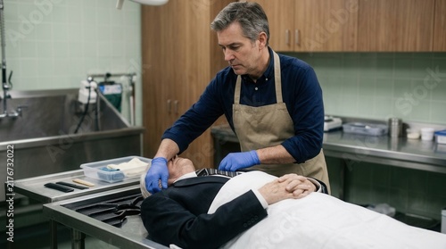 Mortician Preparing Deceased For Viewing In Clinical Setting
