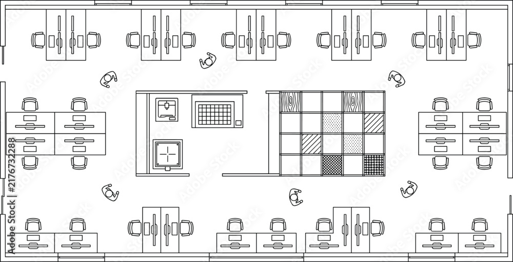 Fototapeta premium Top down architectural line art floor plan of modern open office space with desks and working peopleTop down architectural line art floor plan of modern open office space with desks and working people