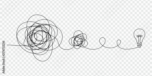 Plakat w ramie One continuous line drawing of way from chaotic to simplicity and lightbulb. Concept of problem solving and business solutions in simple linear style. Editable stroke. Doodle vector illustration.
