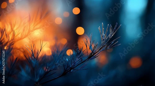 Cinematic Abstract Close Up of Blue Branches Against Warm Golden Bokeh Lights.