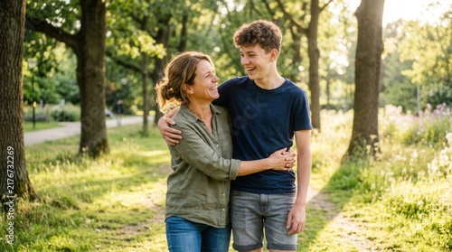 Mother And Son Enjoying A Happy Walk Together In A Sunny Park