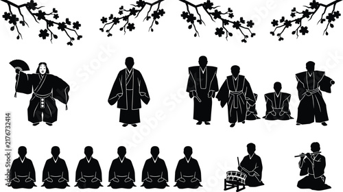 Konstfotografi Traditional Japanese Noh theater performance vector silhouette set featuring act