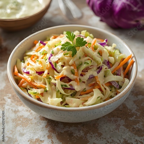 Fresh and Creamy Coleslaw Salad with Shredded Cabbage and Carrots in a Bowl