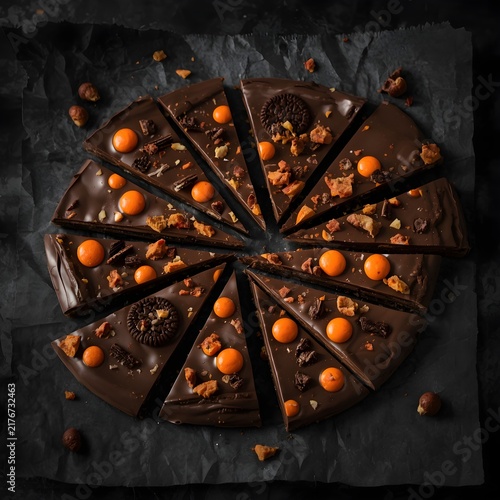 Delicious Dark Chocolate Dessert Slices Topped with Candies and Crunchy Bits Arranged for a Decadent Treat on a Dark Textured Surface
