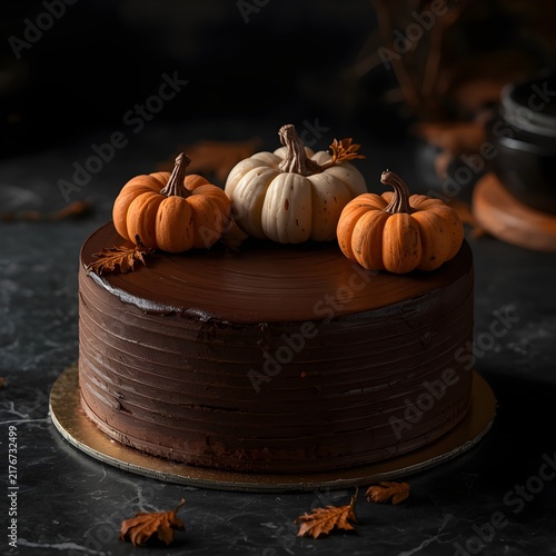 Dark Chocolate Cake Topped with Decorative Autumn Pumpkins for Thanksgiving Celebration and Fall Dessert Seasonal Tables