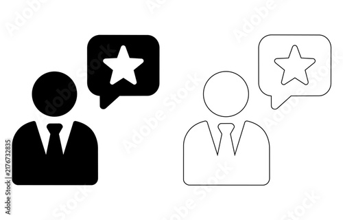 User review icon with chat bubble and star. Feedback symbol. Simple pictogram for customer rating, client satisfaction, testimonial, profile review and service evaluation.  vector illustration  