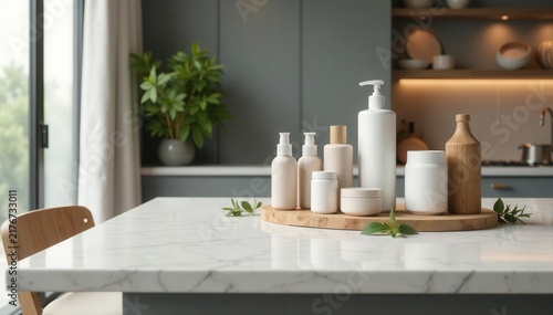 Sleek marble table with product arrangement, kitchen view, stock photo, clean, image