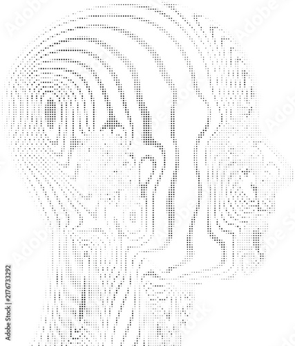 Human profile silhouette styled with fingerprint spiral pattern in black halftone dots on checkered background symbolizes identity and security.