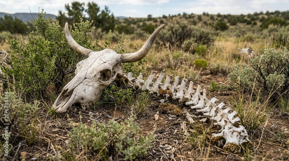 Fototapeta premium Dry Arid Desert Landscape With A Cow Skull And Bones Resting Amongst Sparse Brush