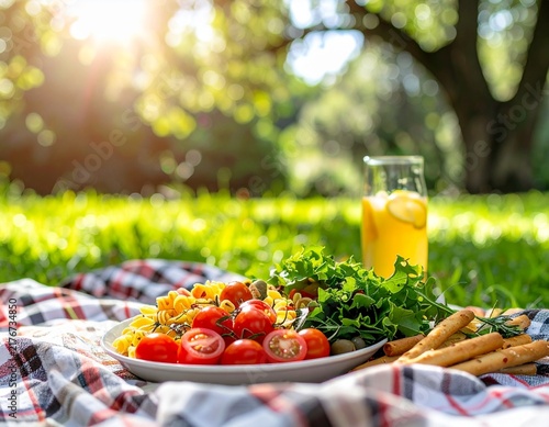 Gourmet Summer Picnic with Fresh Tomato Salad and Refreshing Citrus Drink