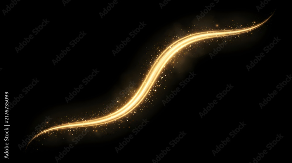 Fototapeta premium A beautiful golden light trail with glowing particles isolated on a black background perfect for adding magical effects to your creative digital design projects