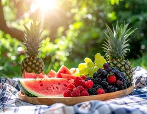 Fresh fruit platter with watermelon, pineapple, berries, and grapes