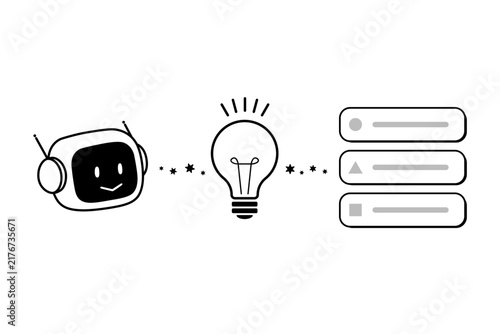 Ai robot generating ideas process, from concept to list, flow illustration