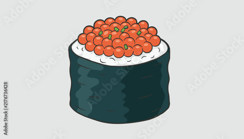 Single delicious salmon roe caviar maki sushi roll with shiny orange fish eggs on top, on a grey background.