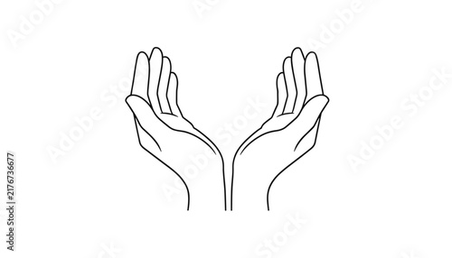 Minimalist black outline illustration of two human hands held open and cupping upwards to receive or protect something.