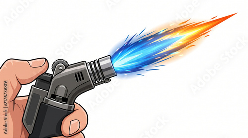 Canvastavla Hand holding a burning blowtorch lighter with a blue and orange flame