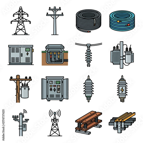 Set Of Electrical Grid Infrastructure Icons And Power Supply Elements