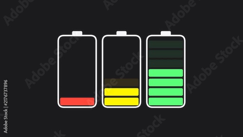 Battery charging status levels motion graphics footage with low medium and full charge icons.