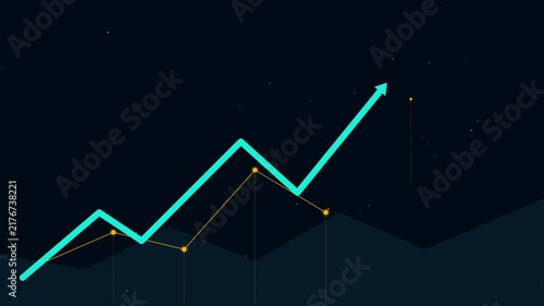Motion graphics footage showing a cyan arrow pointing up over dark mountain silhouettes at night.