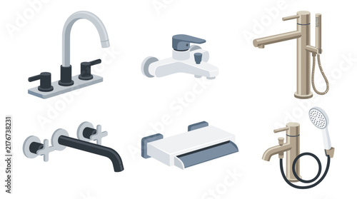 Collection of modern bathroom and kitchen faucet icons, plumbing fixtures, metal water taps and shower heads for interior renovation design projects