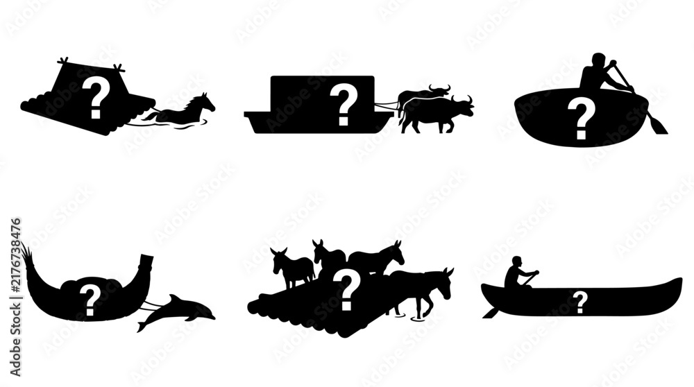Fototapeta premium Set of black silhouette boat and nautical icons featuring question marks, representing mystery, marine transportation, adventure, travel, unknown