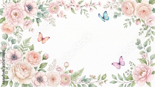 Watercolor floral frame with pink roses and butterflies. Elegant flower border for wedding invitations and spring greeting cards.